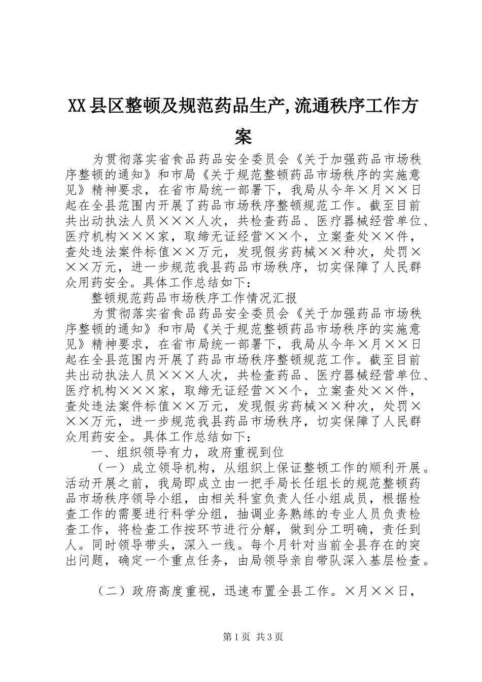 XX县区整顿及规范药品生产,流通秩序工作实施方案 _第1页