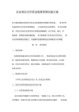 企业项目合作资金统筹管理实施方案