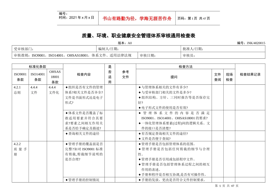 管理体系内部审核检查表_第1页