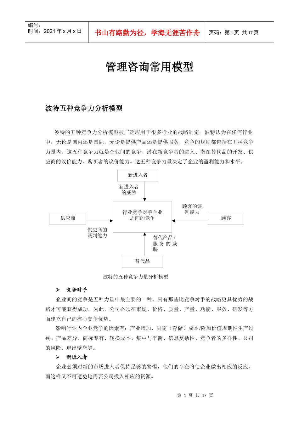 管理咨询常用模型(doc16)--波特五种竞争力分析模型_第1页