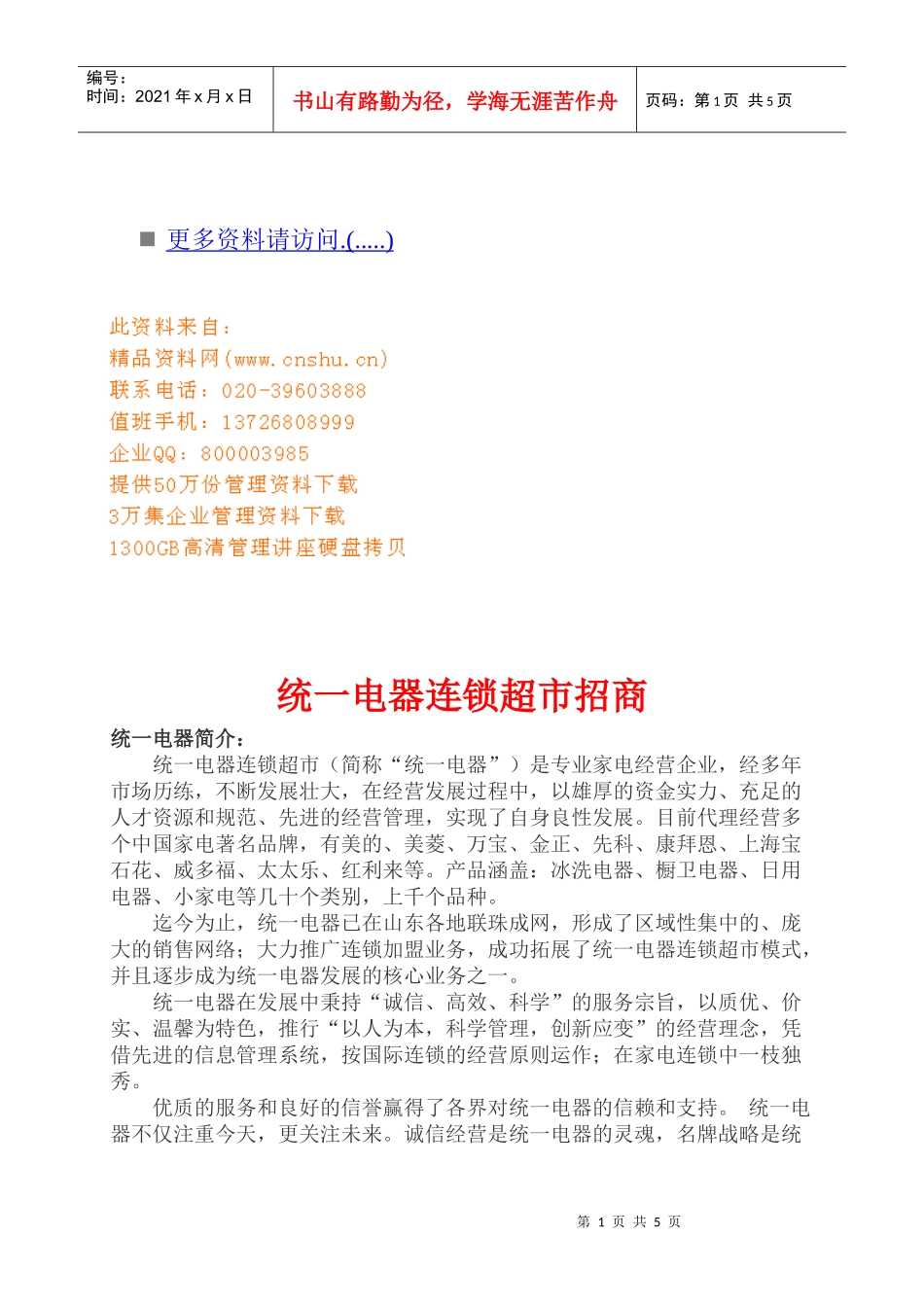 统一电器连锁超市招商策划方案_第1页