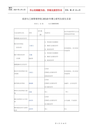 经济与工商管理学院XXXX年博士研究生招生目录