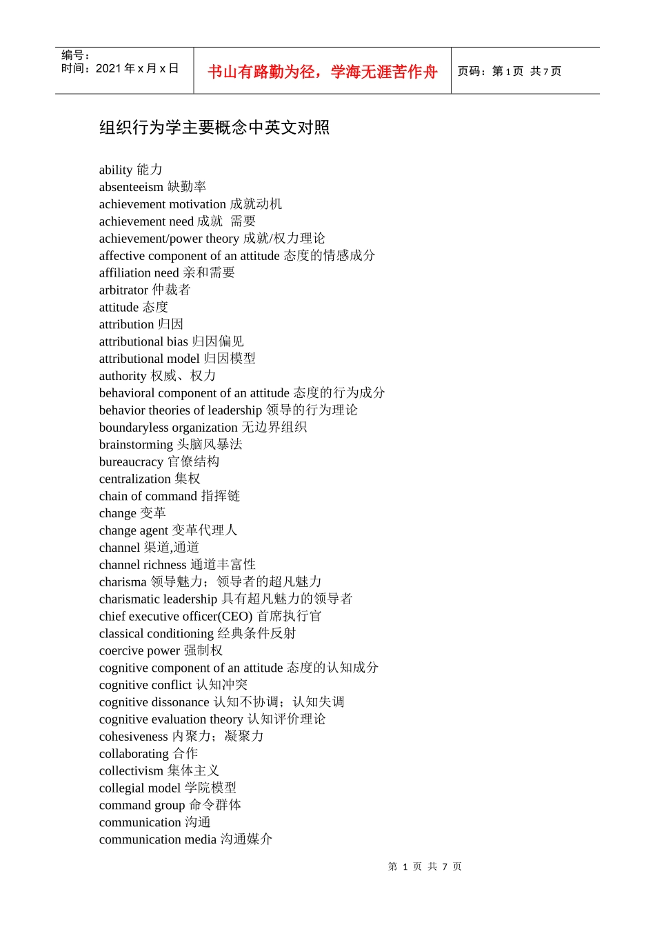 组织行为学主要概念中英文对照_第1页