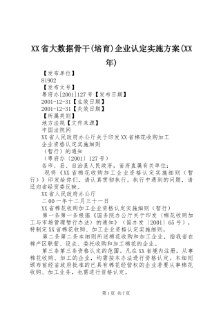 XX省大数据骨干(培育)企业认定方案(XX年) 