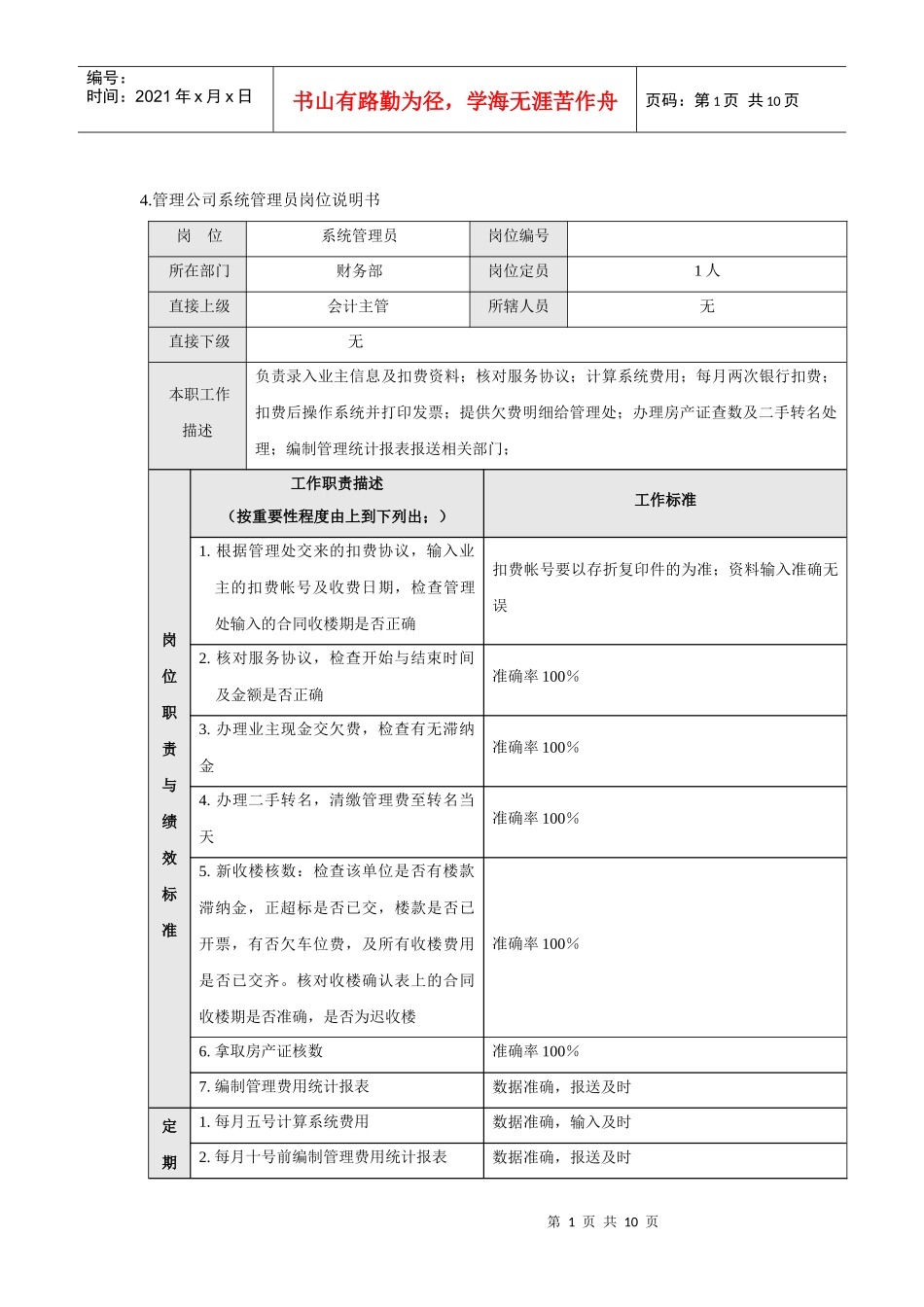 管理公司系统管理员岗位说明书_第1页