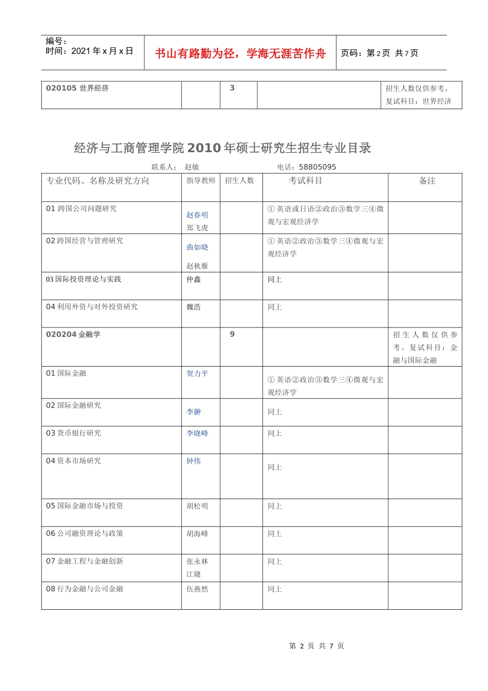 经济与工商管理学院XXXX年硕士研究生招生专业目录_第2页