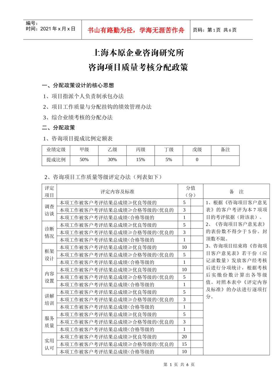 管理咨询顾问所用的咨询管理工具_咨询项目质量考核分配政策_第1页