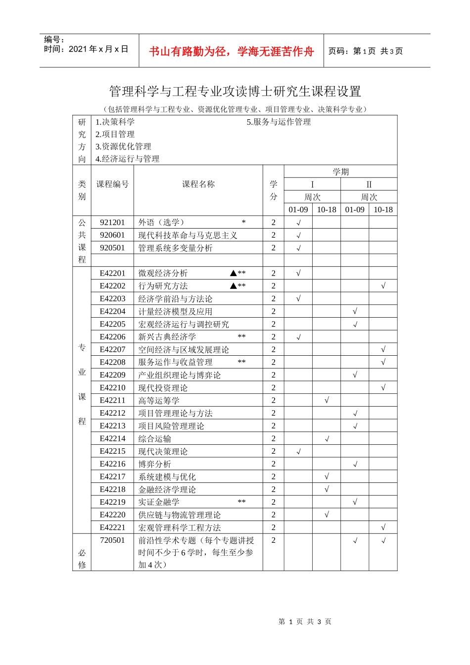 管理科学与工程专业攻读博士研究生课程设置（包括管理科学与工_第1页