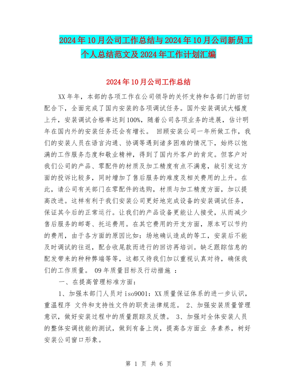 2024年10月公司工作总结与2024年10月公司新员工个人总结范文及2024年工作计划汇编_第1页
