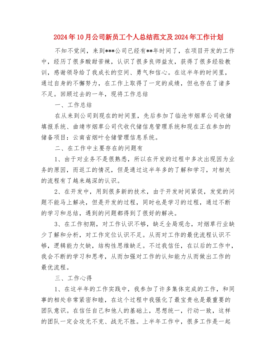 2024年10月公司工作总结与2024年10月公司新员工个人总结范文及2024年工作计划汇编_第3页