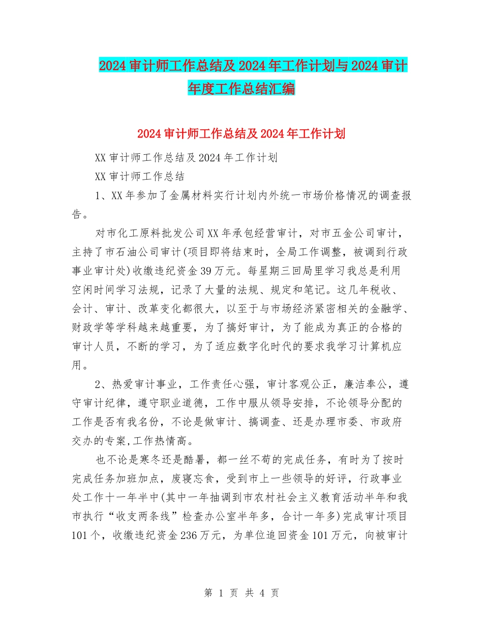 2024审计师工作总结及2024年工作计划与2024审计年度工作总结汇编_第1页