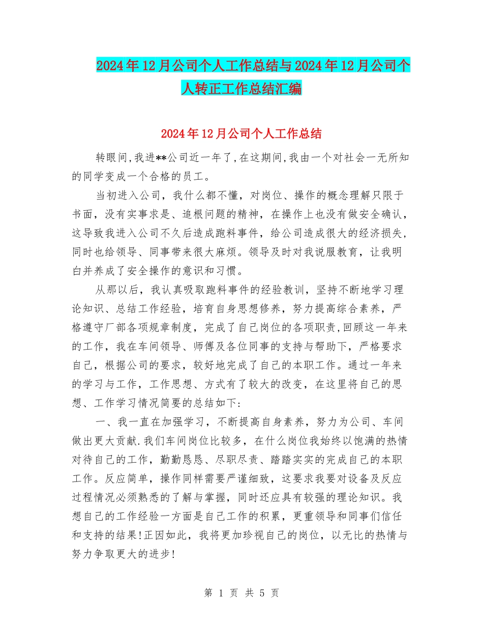 2024年12月公司个人工作总结与2024年12月公司个人转正工作总结汇编_第1页