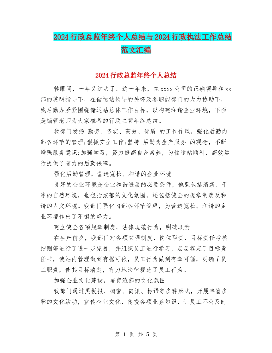 2024行政总监年终个人总结与2024行政执法工作总结范文汇编_第1页