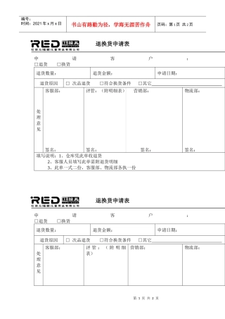 红孩儿儿童用品公司退换货申请表