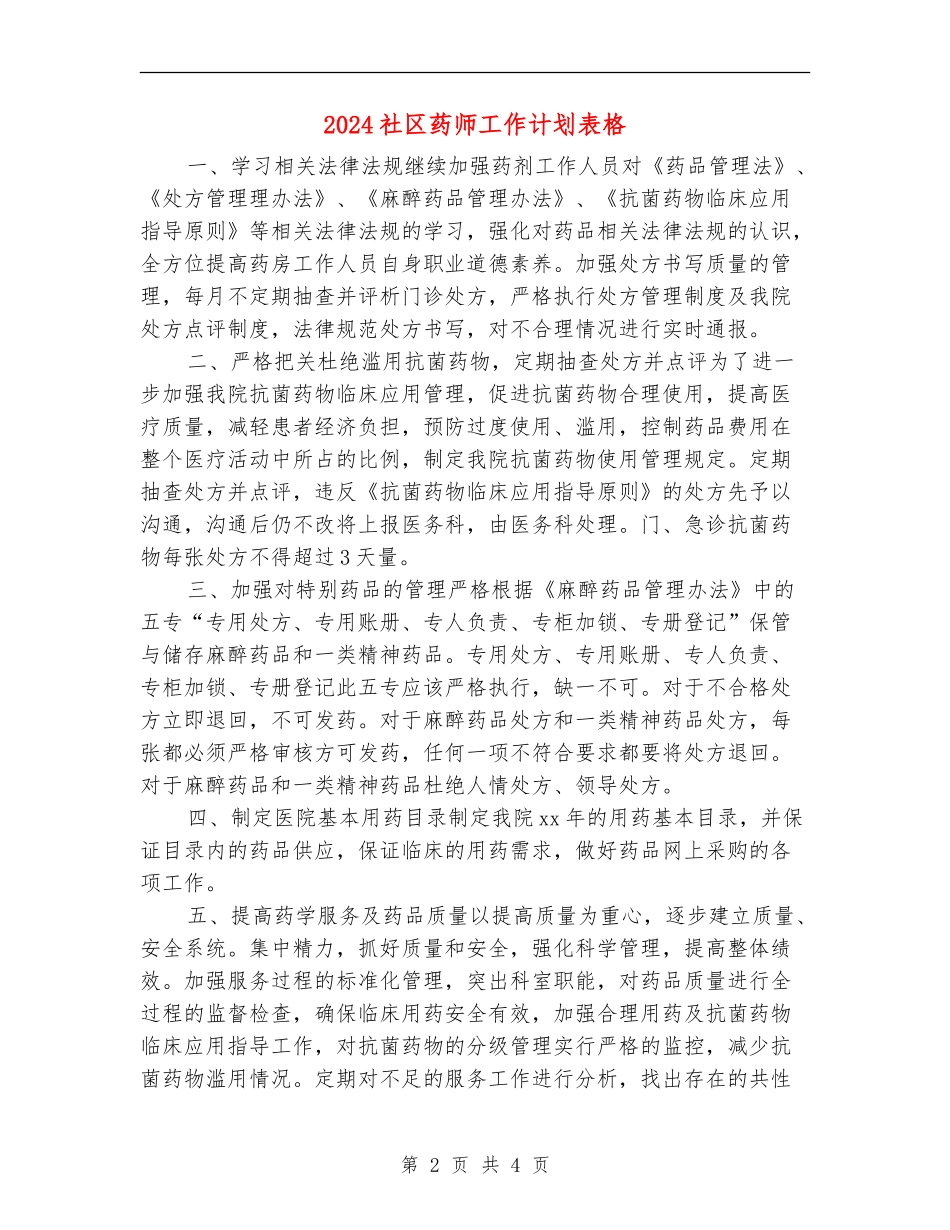 2024社区药师工作计划表格_第2页