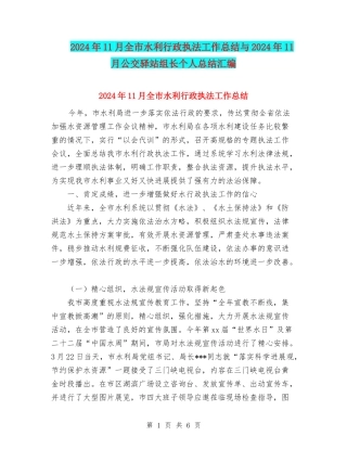 2024年11月全市水利行政执法工作总结与2024年11月公交驿站组长个人总结汇编