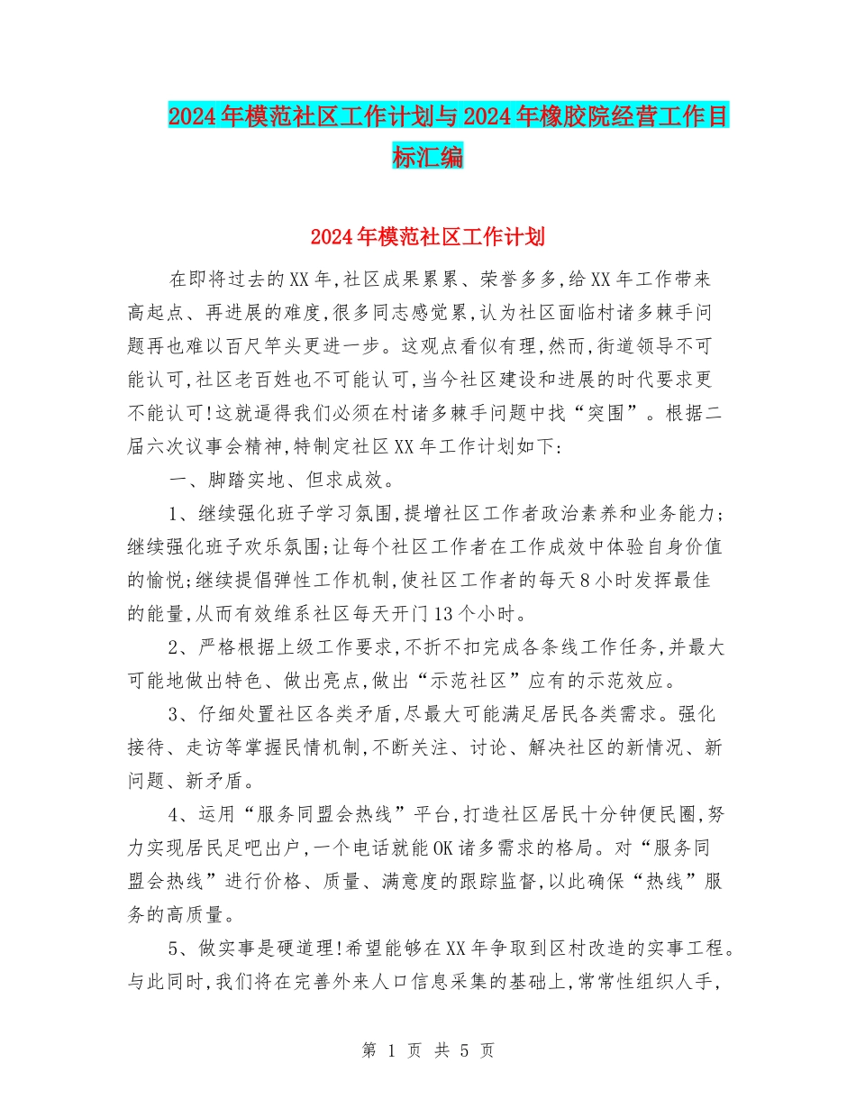 2024年模范社区工作计划与2024年橡胶院经营工作目标汇编_第1页