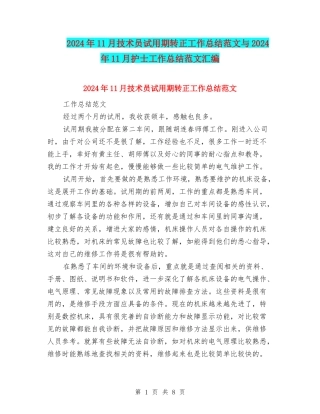 2024年11月技术员试用期转正工作总结范文与2024年11月护士工作总结范文汇编