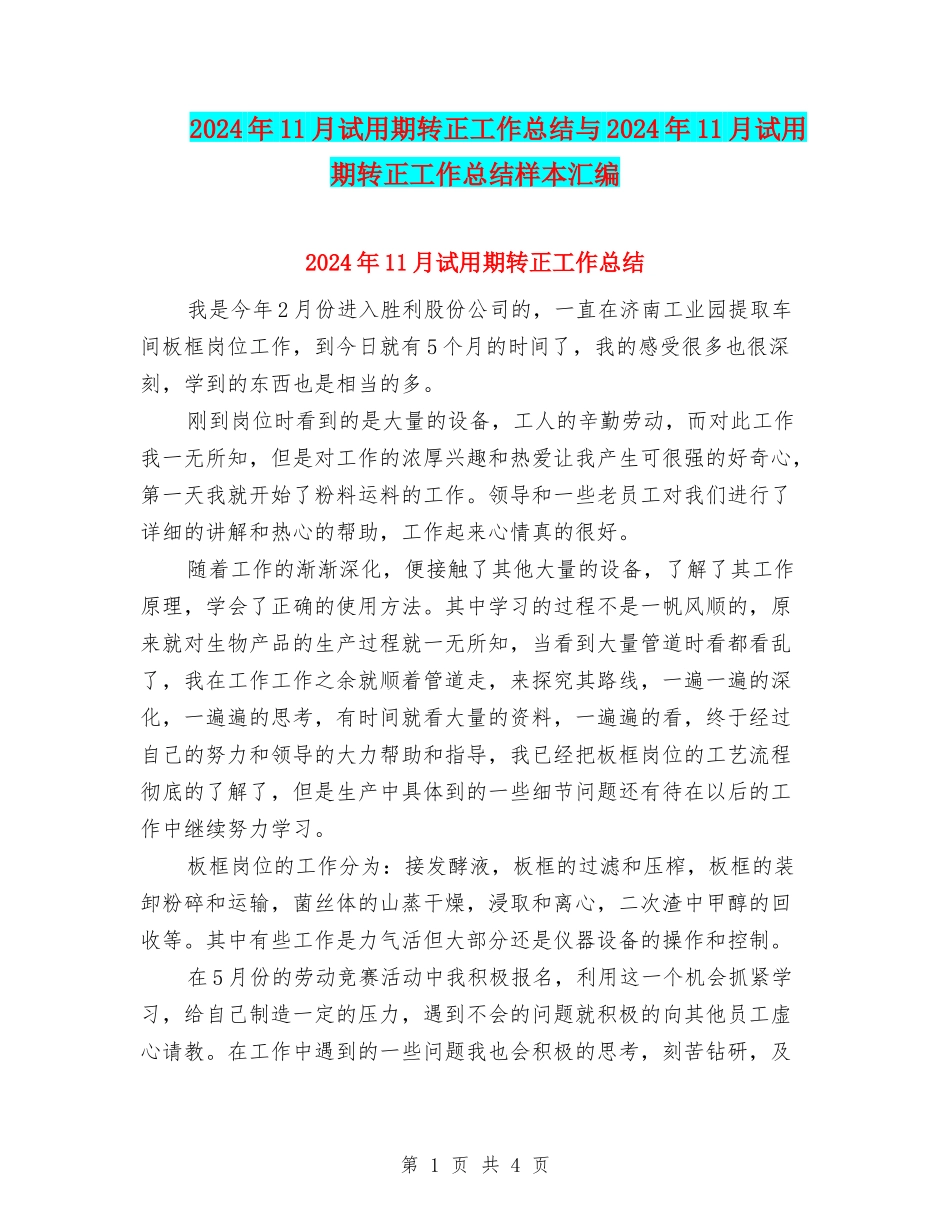2024年11月试用期转正工作总结与2024年11月试用期转正工作总结样本汇编_第1页
