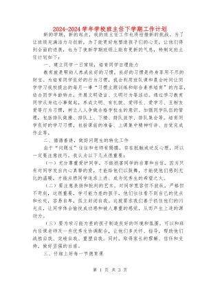 2024-2024学年小学班主任下学期工作计划