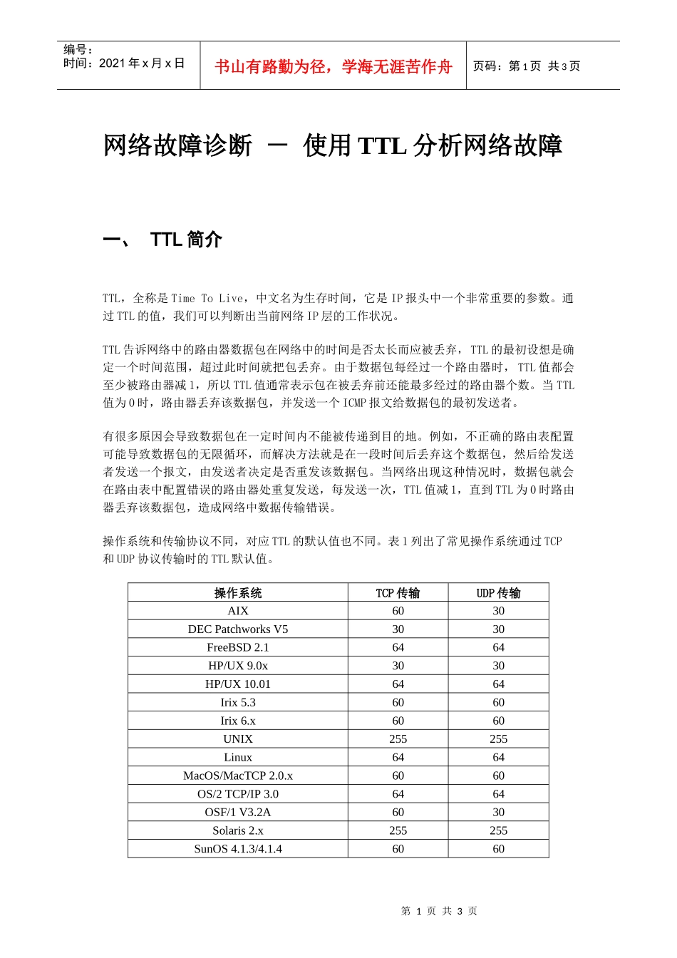 网络故障诊断－使用ttl分析网络故障_第1页
