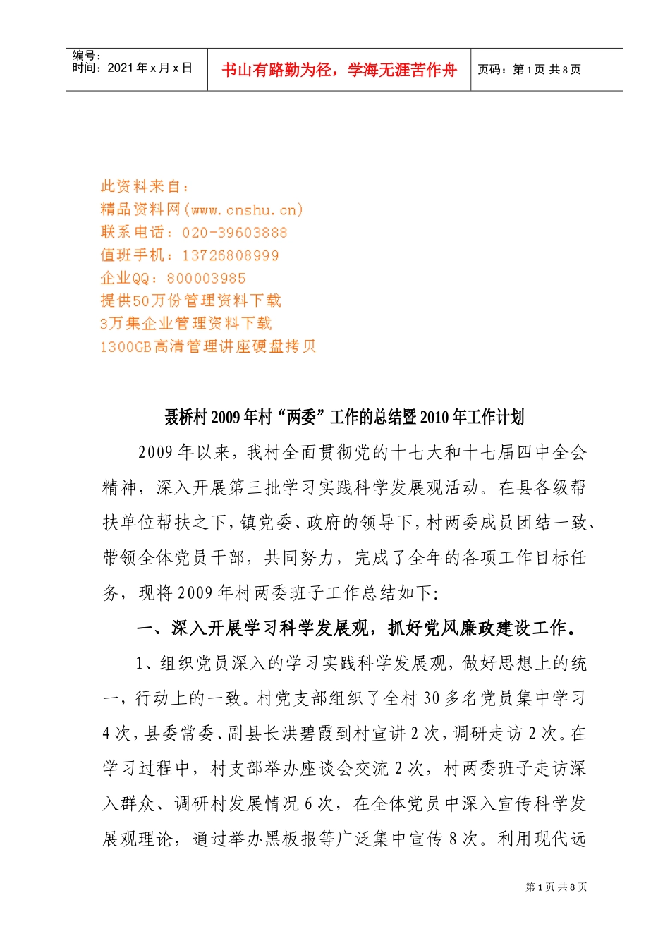 聂桥村村“两委”工作总结与工作计划_第1页