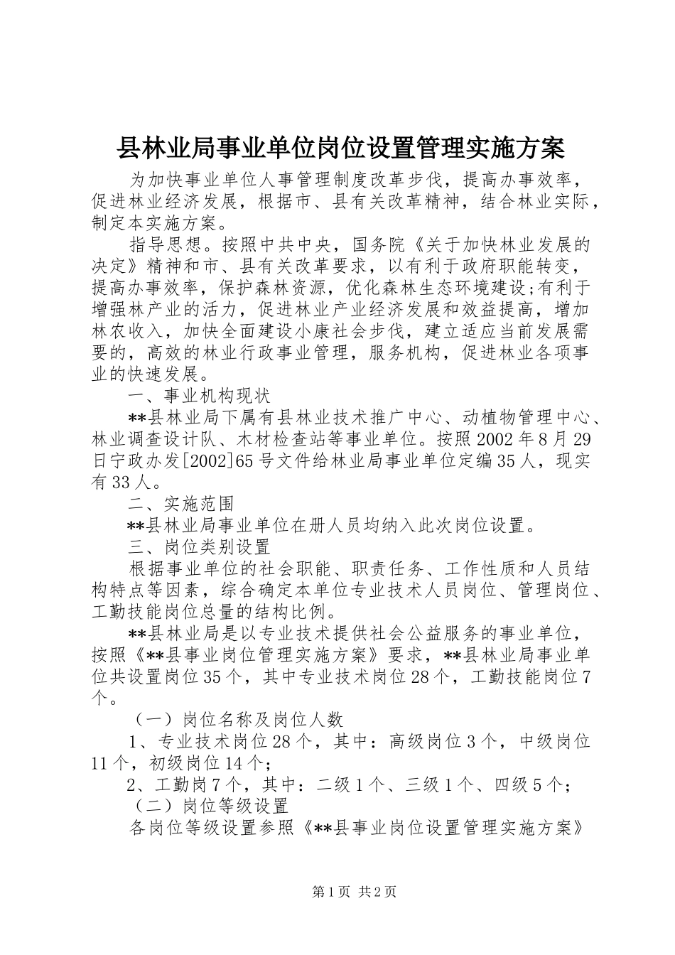 县林业局事业单位岗位设置管理方案 _第1页