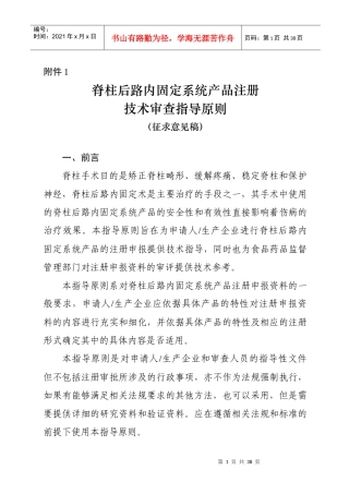 脊柱后路内固定系统产品注册技术审查指导原则