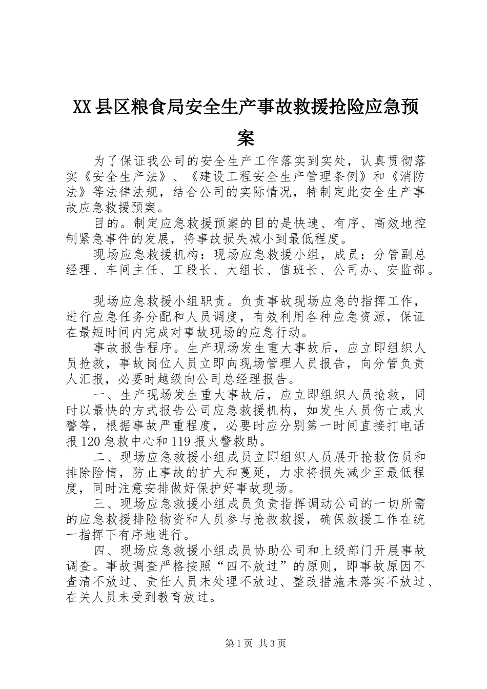 XX县区粮食局安全生产事故救援抢险应急处理预案 _第1页