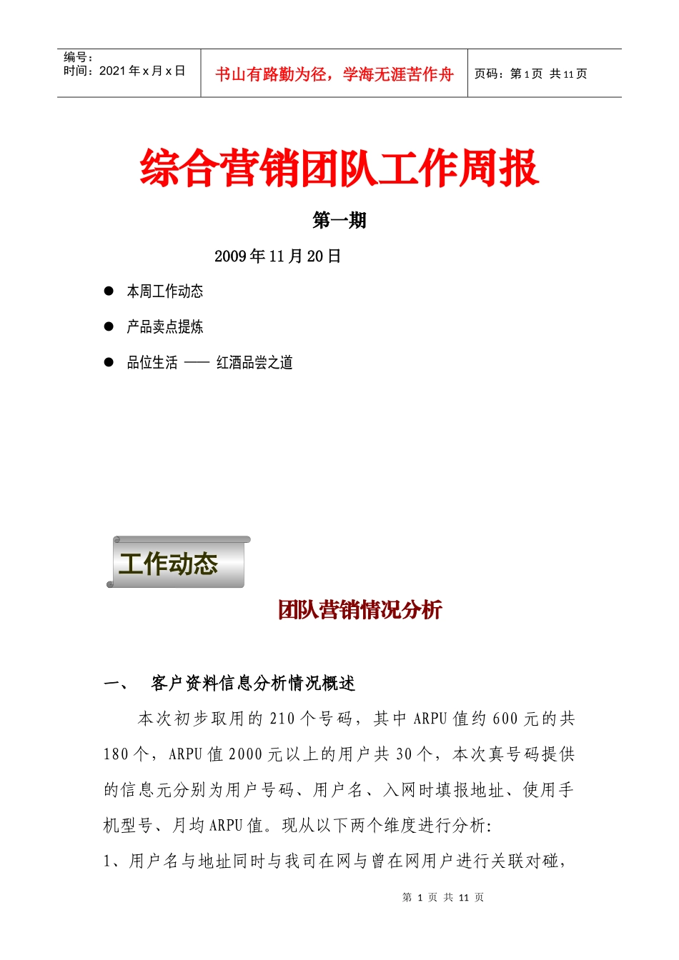 综合营销团队工作周报(第一期)_第1页