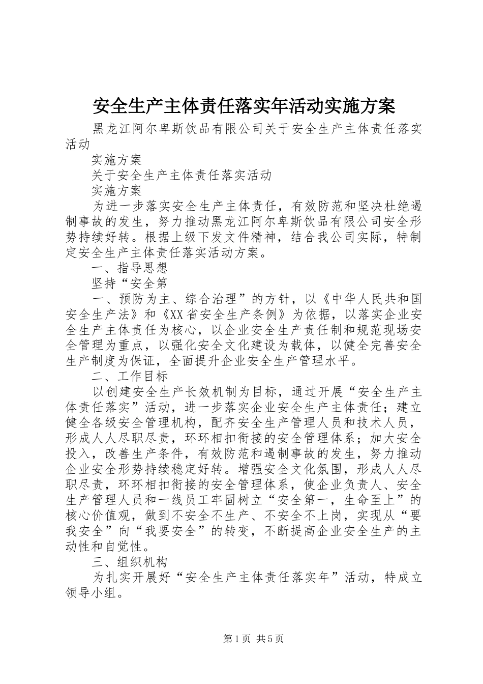 安全生产主体责任落实年活动方案 _第1页