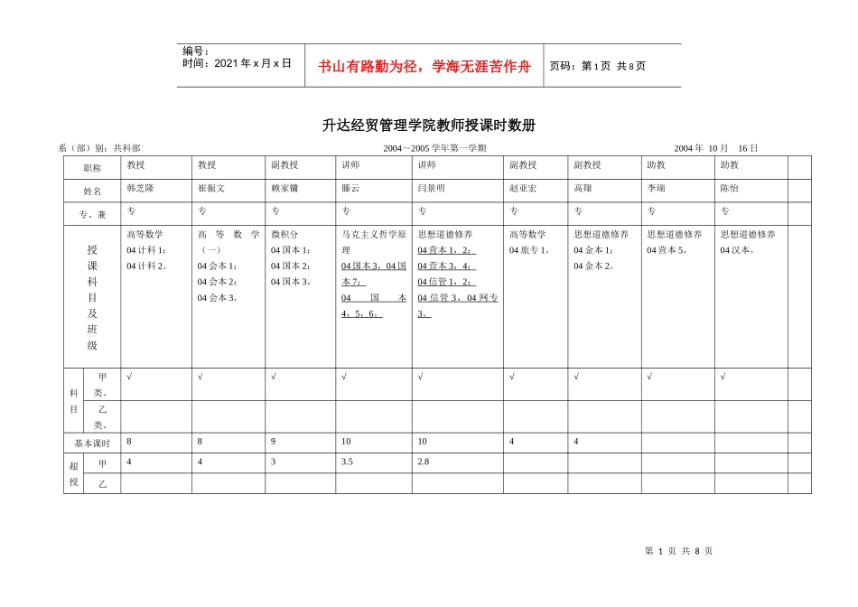老生教师授课时数册-升达经贸管理学院教师授课时数册_第1页