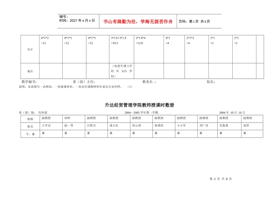 老生教师授课时数册-升达经贸管理学院教师授课时数册_第2页