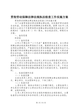 贯彻劳动保障法律法规执法检查工作方案 