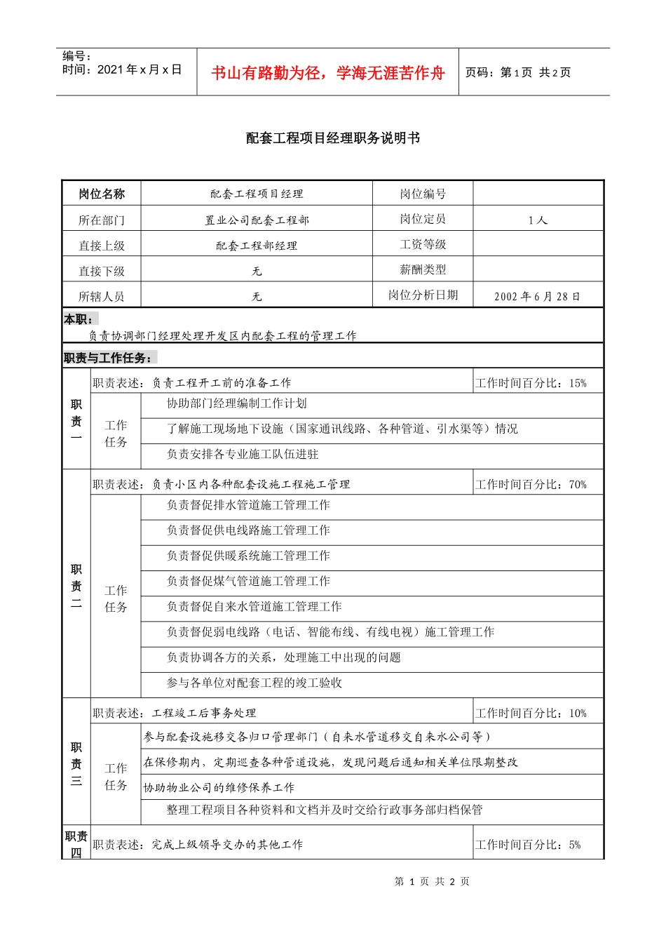置业公司配套工程项目经理职务说明书_第1页