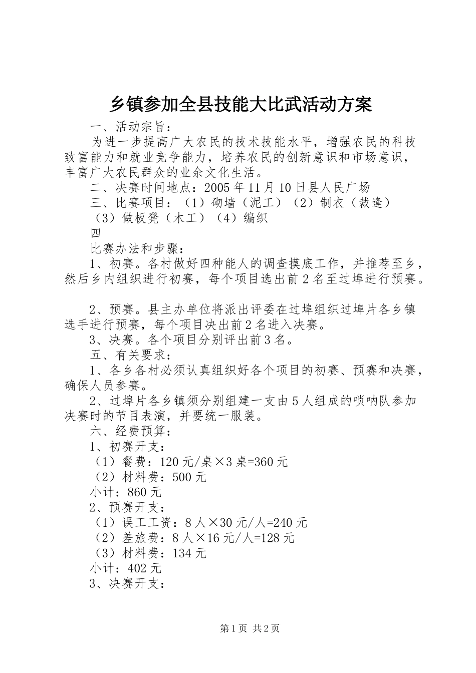 乡镇参加全县技能大比武活动实施方案 _第1页