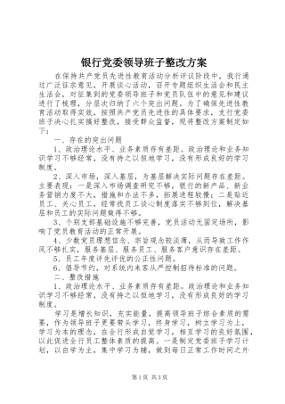银行党委领导班子整改实施方案 
