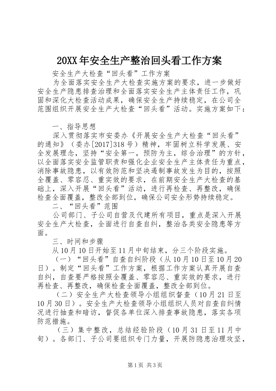 XX年安全生产整治回头看工作实施方案 _第1页