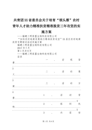 共青团XX省委员会关于培育“领头雁”农村青年人才助力精准扶贫精准脱贫三年攻坚的方案 