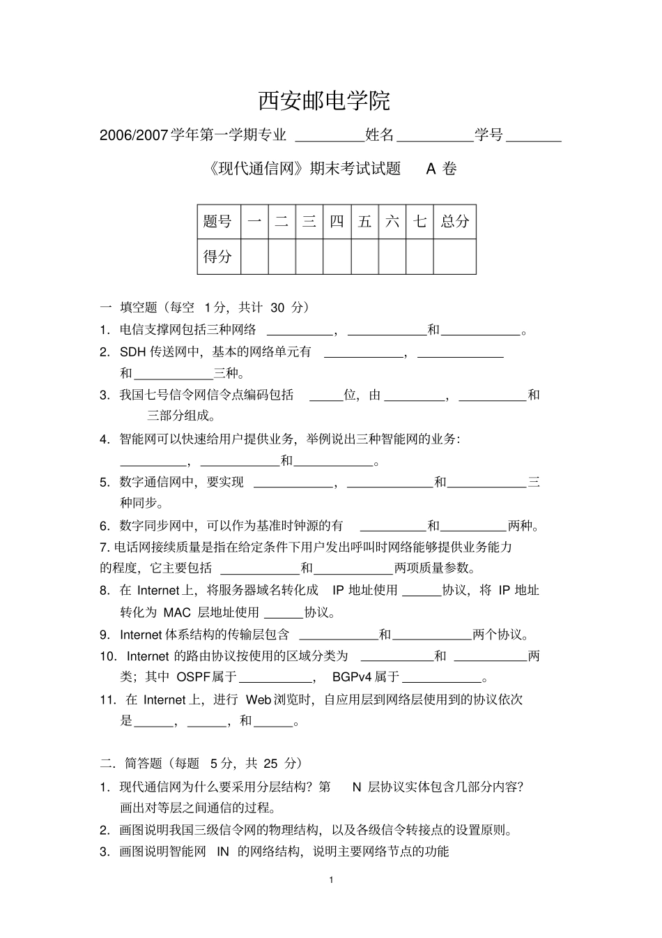 (完整版)现代通信网试题及答案_第1页