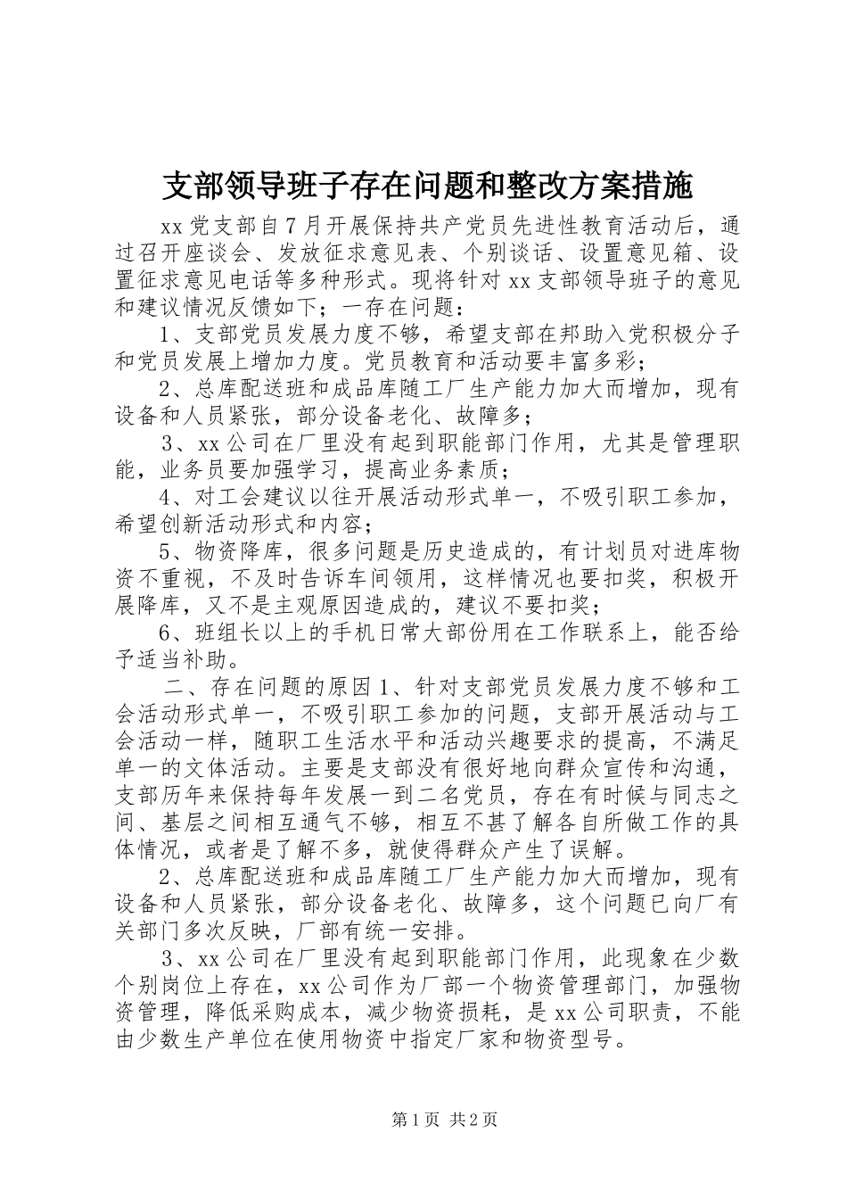 支部领导班子存在问题和整改实施方案措施 _第1页