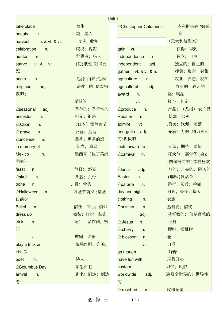 人教版高一英语必修三单词表_第1页