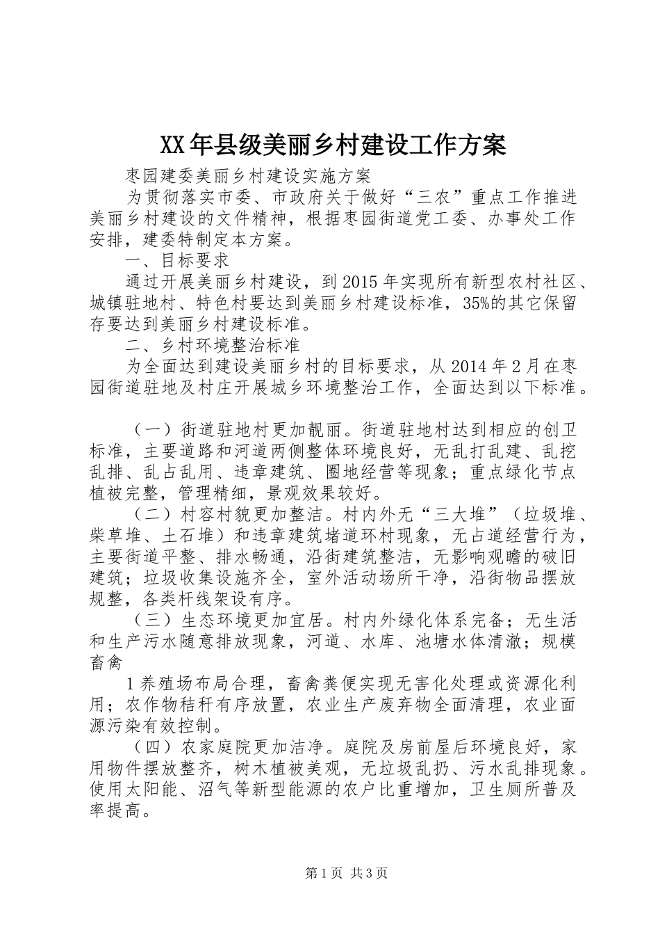 XX年县级美丽乡村建设工作实施方案 _第1页