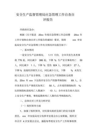 安全生产监督管理局应急管理工作自查自评报告