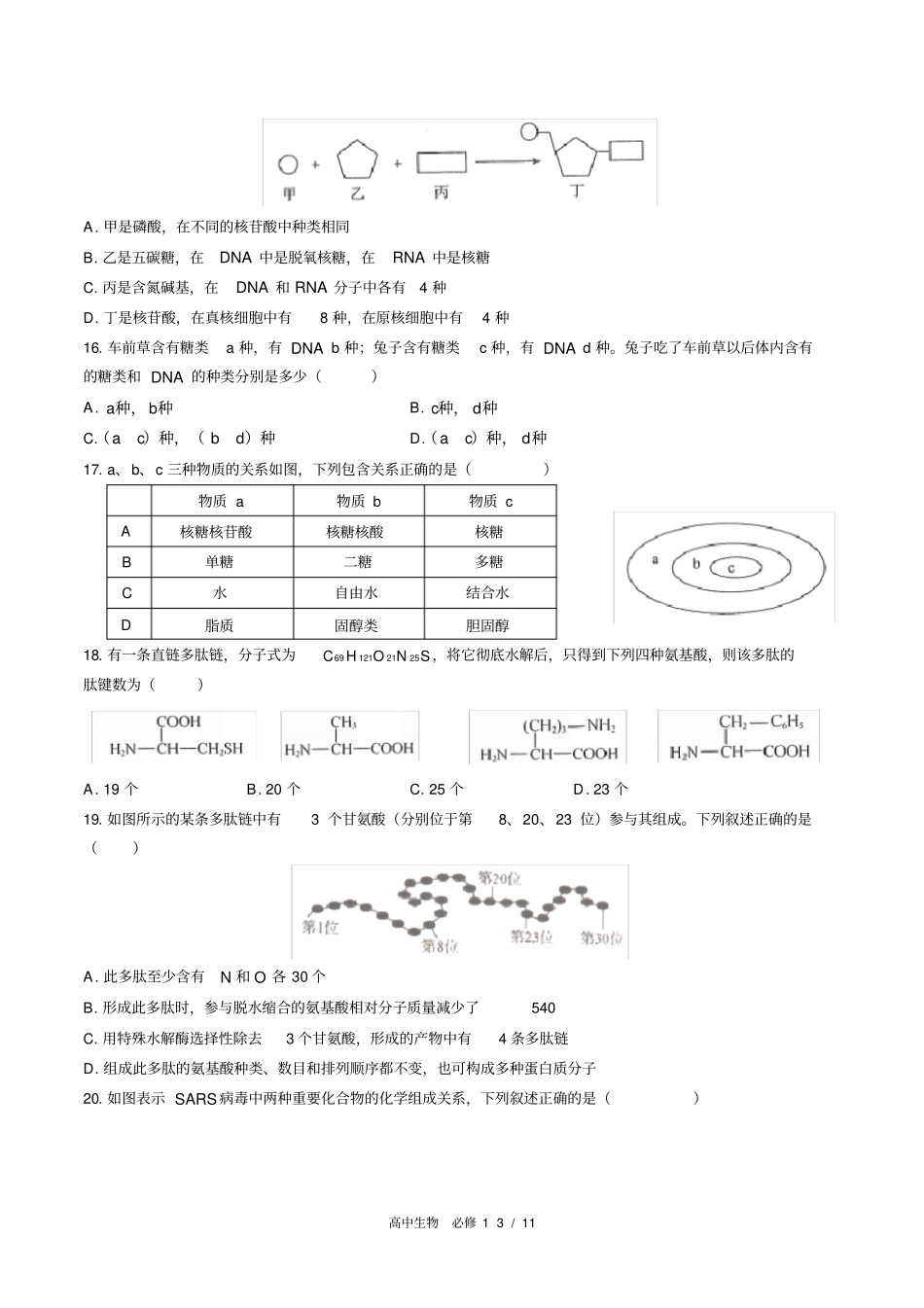 (人教版2017课标)高中生物必修1：第2章综合测试(含答案)_第3页