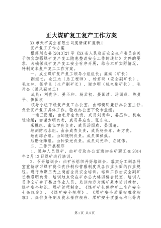 正大煤矿复工复产工作实施方案 