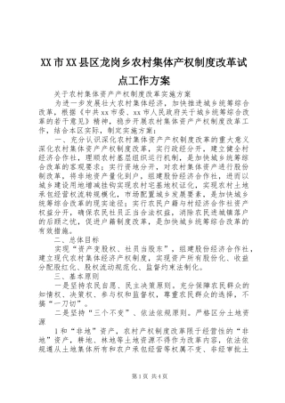 XX市XX县区龙岗乡农村集体产权制度改革试点工作实施方案