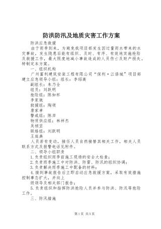 防洪防汛及地质灾害工作实施方案