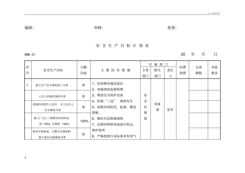 安全生产目标计划分解表_第2页