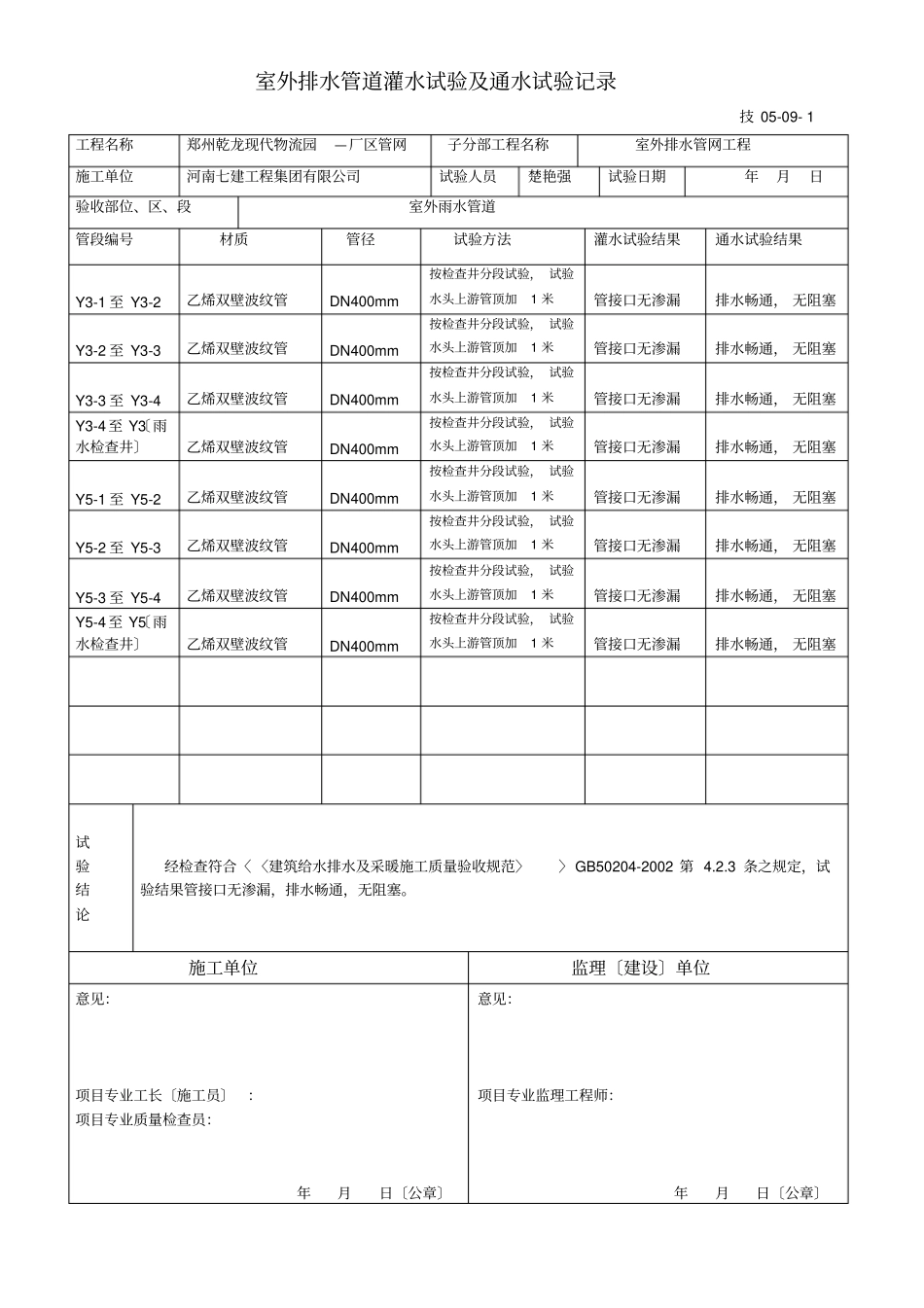 室外排水管道灌水试验通水试验记录-室外雨水管道_第1页